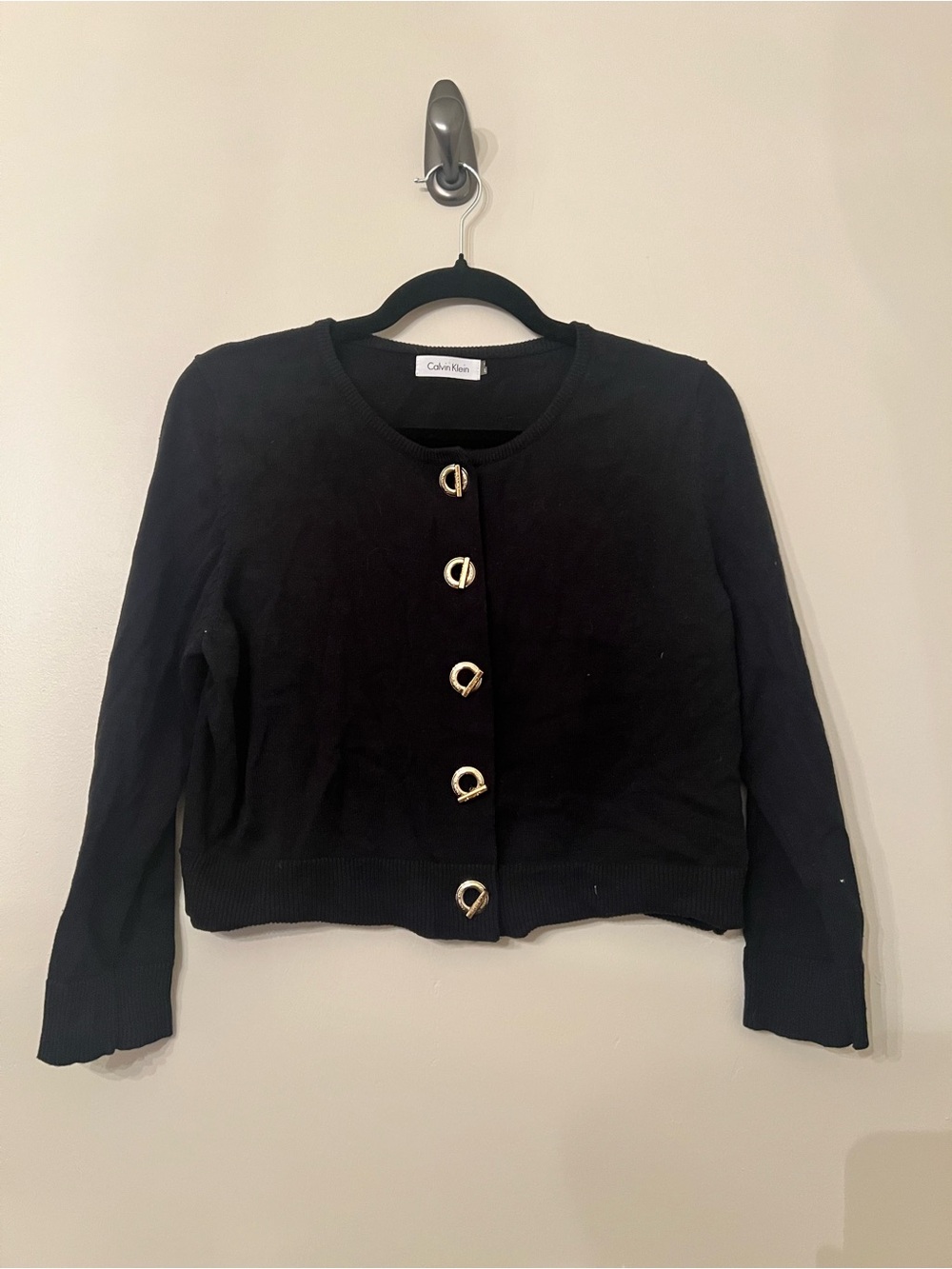Calvin Klein Black Knit Cardigan with Gold Accent Buttons